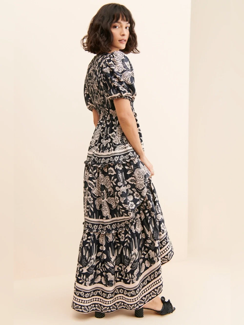 NWT FARM RIO GRAPHIC FLORAL DOVES SIGNATURE BLACK CREAM MAXI PRAIRIE DRESS SZ XS - Picture 5 of 13